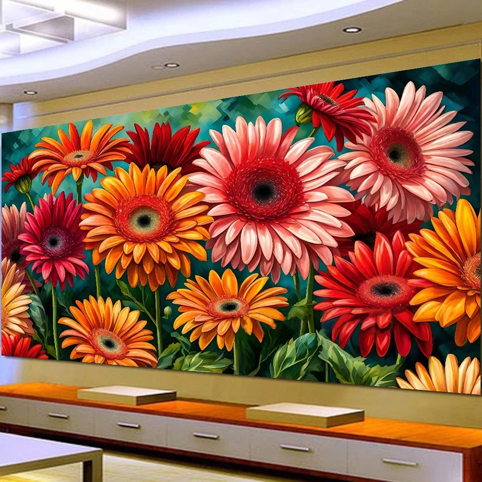 5D Large Diamond Painting Cross Red and Orange Gerbera Flowers Landscape Wall Art,Full Round Drill,Embroidery Home Decor