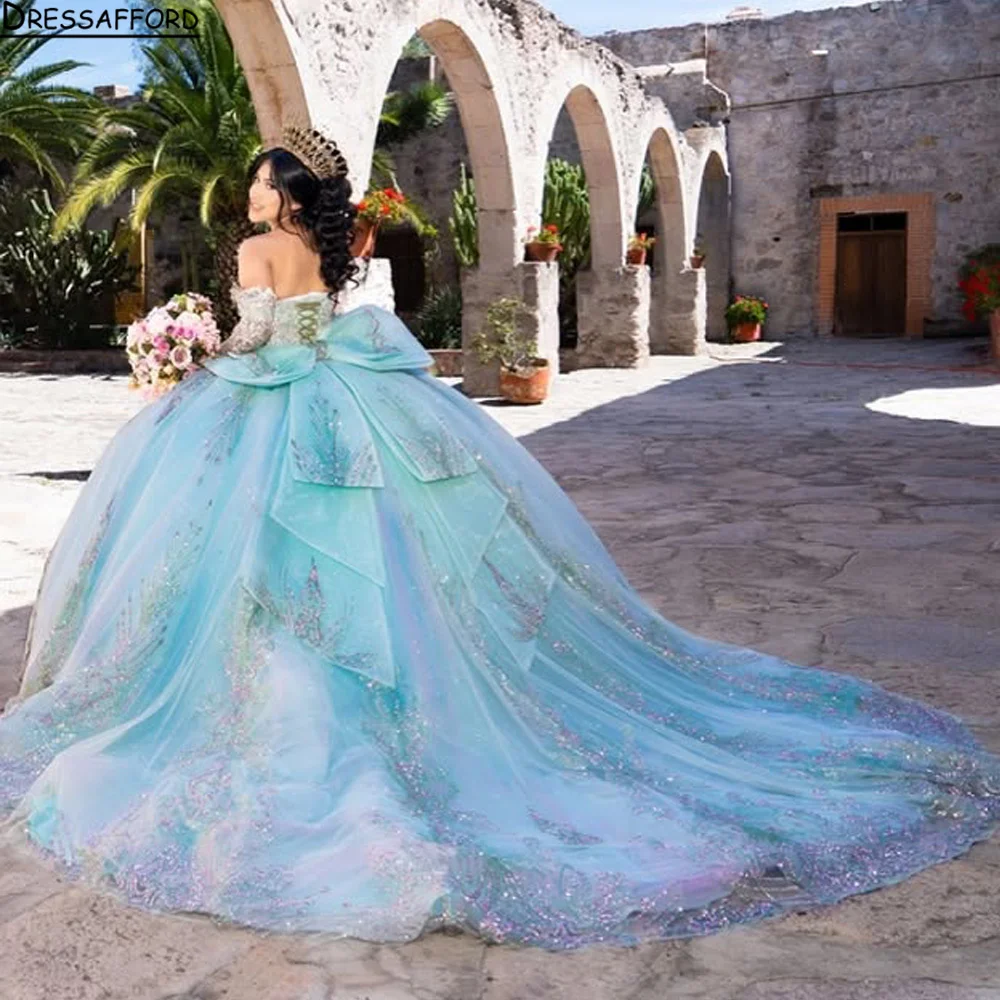 

Customized Princess Sky Blue Ball Gown Quinceanera Dress Lace Applique Beading Bow Sweet 16 Vestidos De 15 Anos