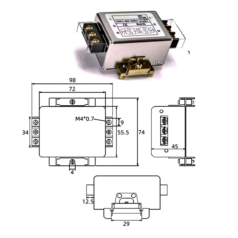 Eenfasig stroomfilter CW4l2-S (005) 3A tot 40A Bipolair geleidingsklemmenblok 220v AC EMI-voeding anti-interferentie