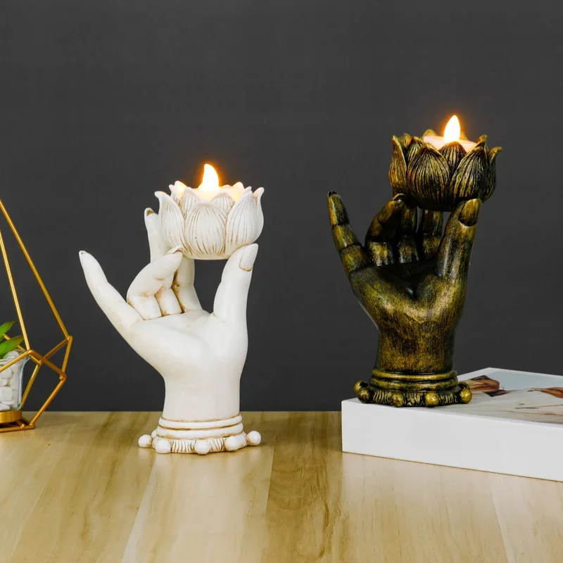 

Unique Resin Candle Holder with Lotus Buddha Hand for Zen and Religious Home design for Spiritual and Meaningful Ambiance