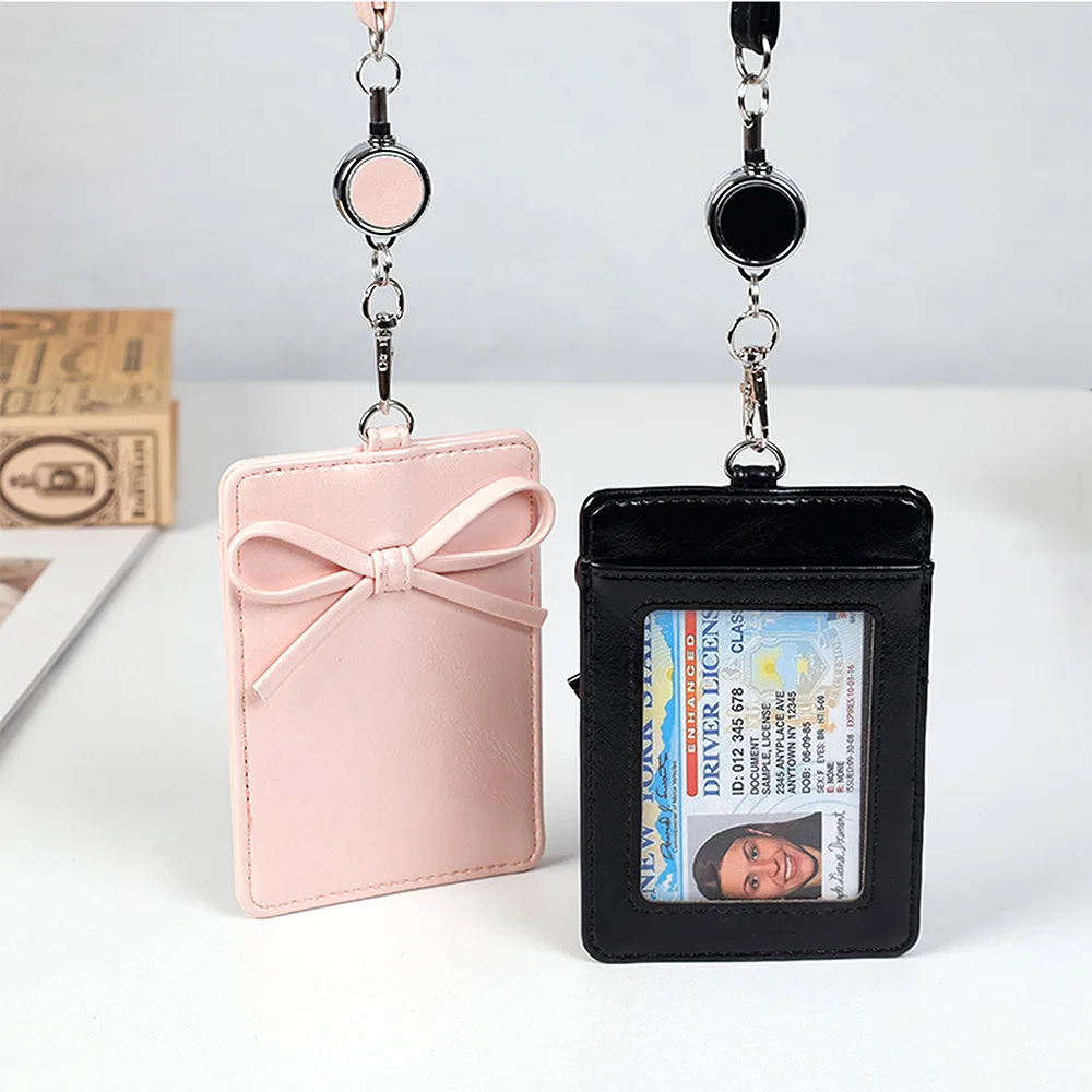 Sweet Bow Decor Badge Holder with Retractable Reel PU Leather ID Card Case Clear Window Lanyard Work Permit Protector for Women