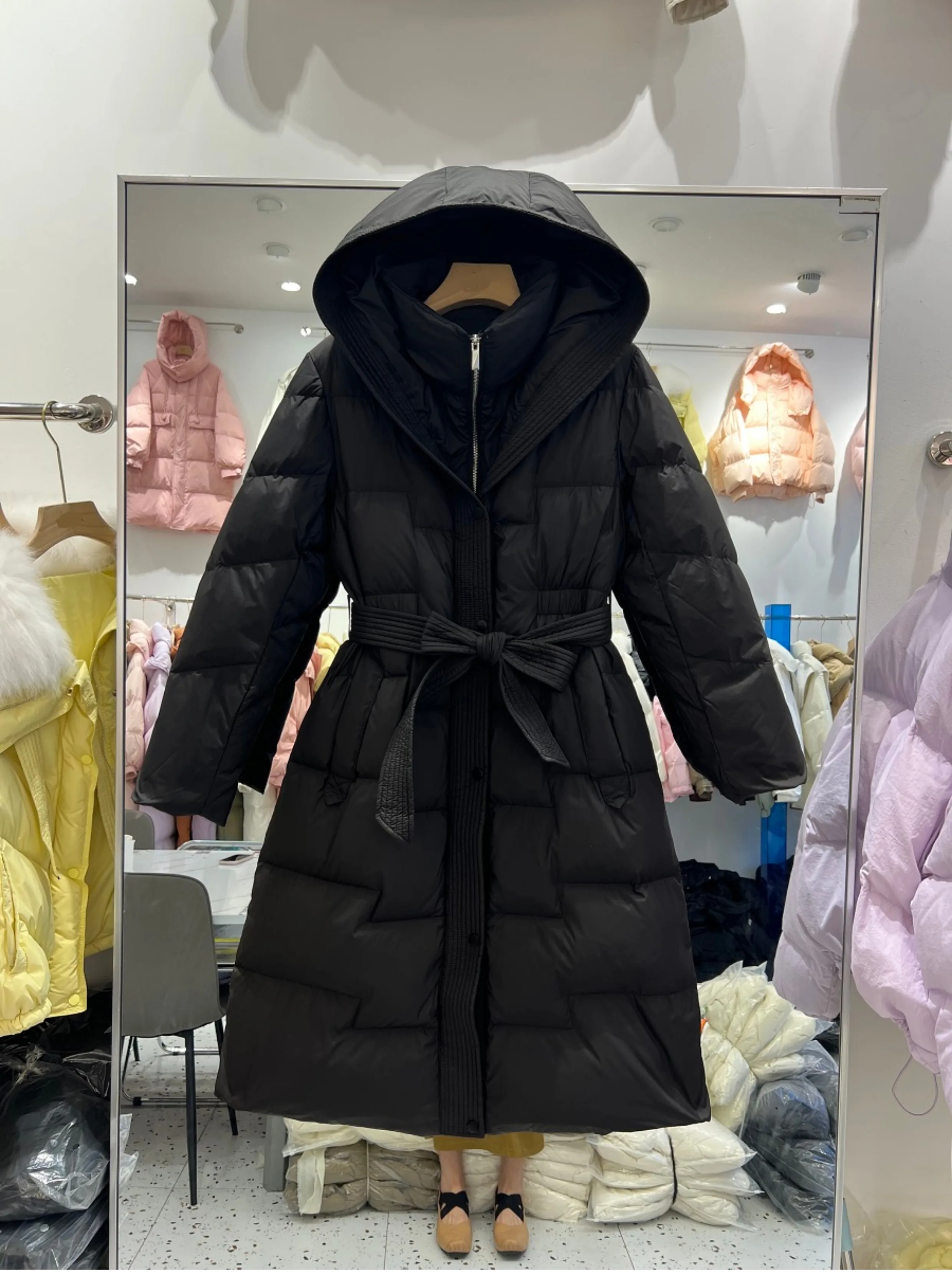 FTLZZ Winter Women White Duck Down Coat Thick Warm Solid Coat Casual Lady Hooded Zipper Long Outwear with Belt