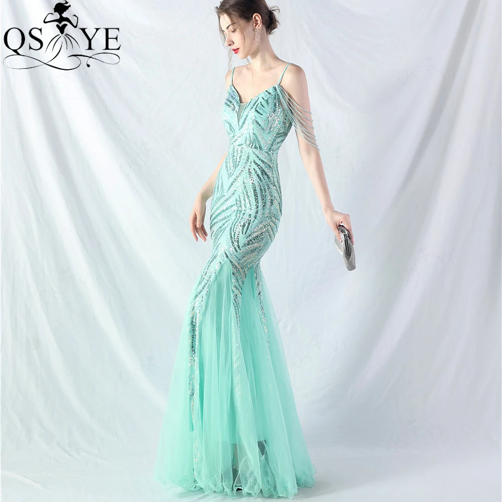 Mint Green Prom Dresses Pattern Sequined Beading Strings Spaghetti Straps V neck Party Gown Side Sleeves Mermaid Evening Dress