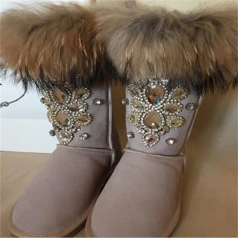 

Handmade oversized fox hair Diamond accessories Fur One Banquet Party and calf Snow boots Plus size women's cotton shoes 35-44