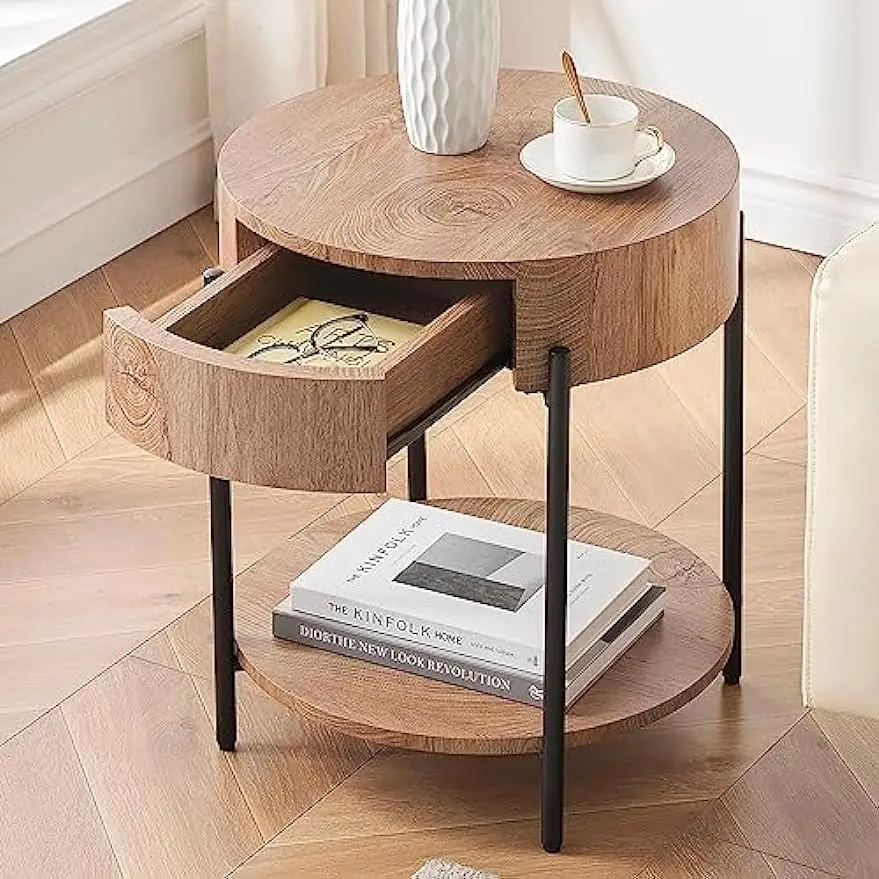 

Comfort Corner Round End Table Wood Side Table with Drawer Farmhouse Circle End Tables Frame Small Nightstand for Living Room