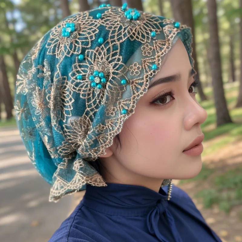 Women Stylish Headscarf Hat Embroidered Beaded Double Layer Lace Hats Underscarf Bonnet Beanies Hair Loss Cover Muslim Hijab Cap