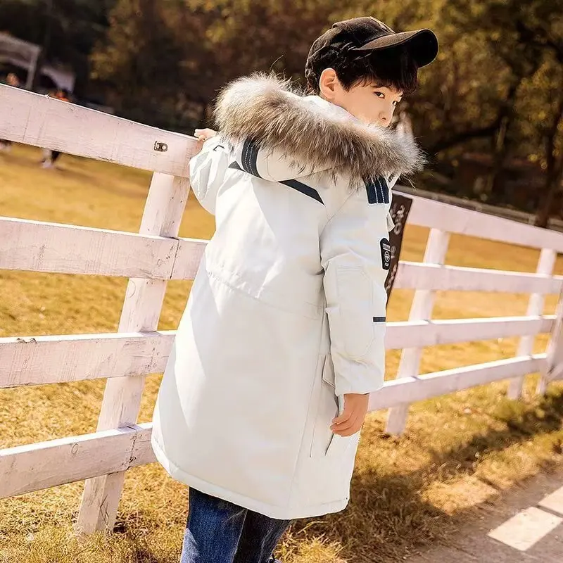 New -30 Boys Faux Fur Hooded Winter jacket for Boys Girls Long Length Down Jacket Thickened Hooded Coat Big2023 New 6 7 8 12 14