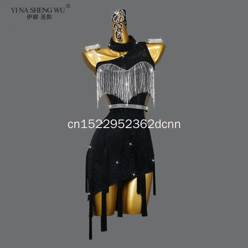 

Women's Black Latin Dance Dress Cabaret Party Wear Sexy Fringed Short Skirt Ballroom Costume Adult Outdoor Customized