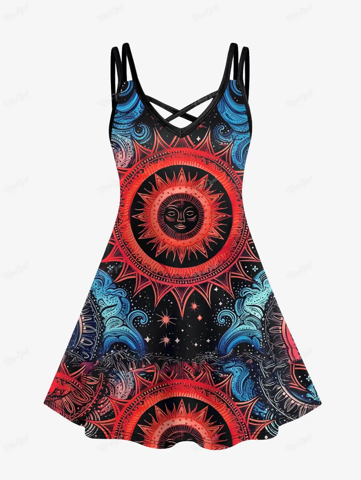 Plus Size Gothic Sun Star Face Print Crisscross Strappy Cami Dress Women Summer Causal Sleeveless Midi Dresses Vestidos