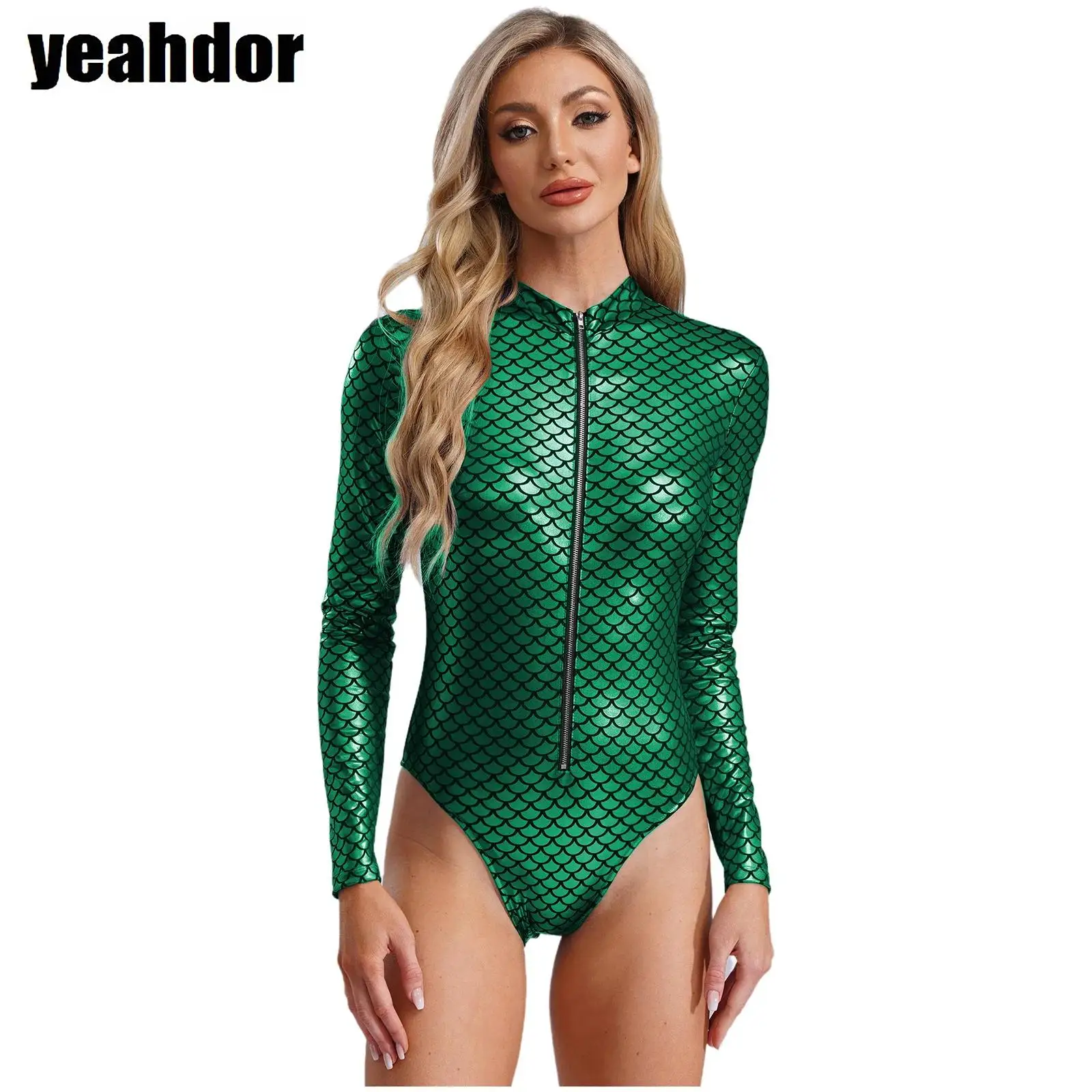 

Women Fish Scales One Piece Swimsuit Mock Neck Long Sleeve Leotard Swimsuit Mermaid Swimwear Swimming Pool Party Beach