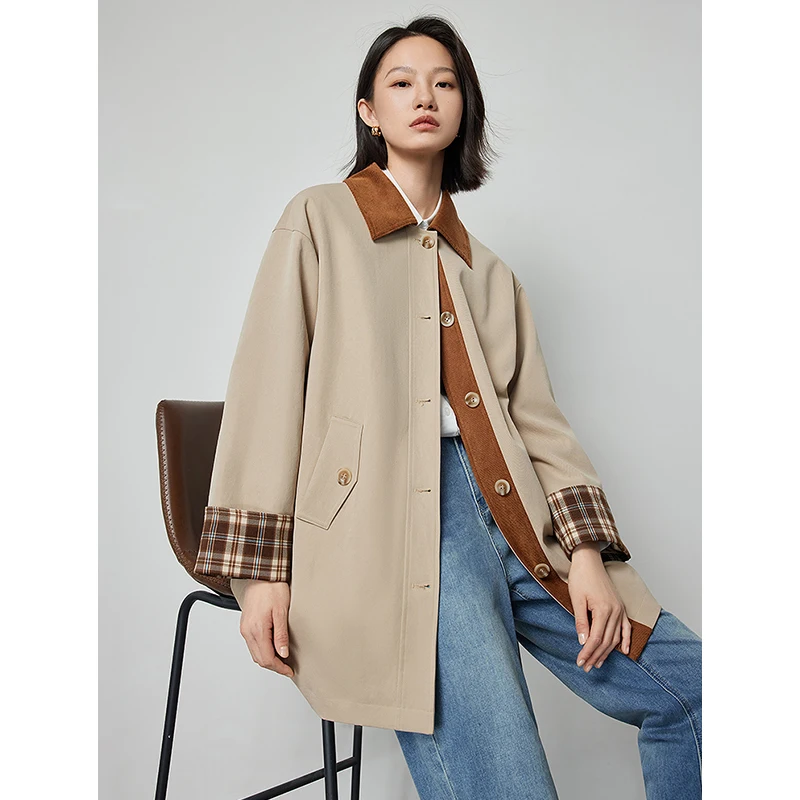 TOYOUTH Women Trench Coat 2024 Spring New Maillard Style Single Breasted Button Contrast Classic Stripe Khaki Windbreaker Coat