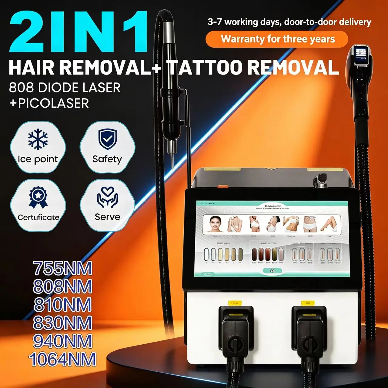 2IN1 808 Diode Laser Portable FAC 6 Wavelengths Hair Remover Picosecond Tattoo Removal Device Collimation Ice Point Cooling