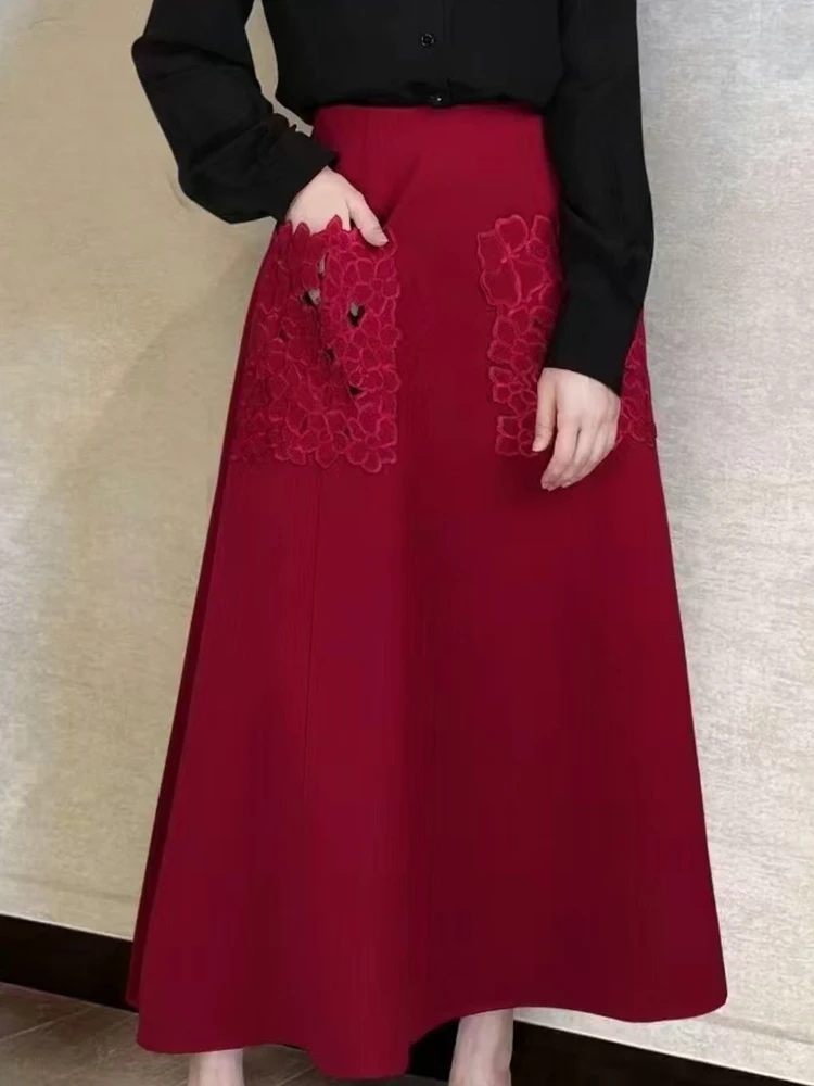 

Осенняя женская новая модная сверхпрочная ажурная юбка с карманами и вышивкой, однотонная юбка А-силуэта с высокой талией и дикой юбкой.