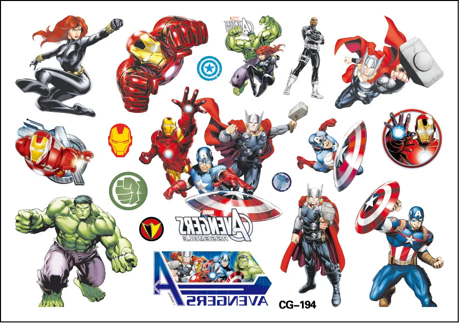 New 1Pcs Marvel The Avengers Superhero Tattoo Stickers SpiderMan Iron Man The Avengers Sticker Cartoon Kids Girls Birthday Gifts