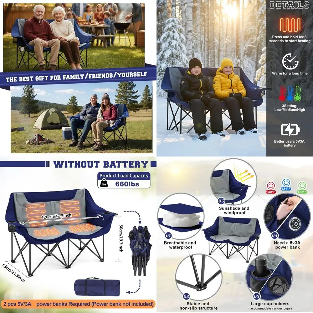 

Heated Double Camping Chair for Adults, 4 Heating Zones & 3 Heat Levels, Padded Loveseat Oversize Folding Chair Portable for Out