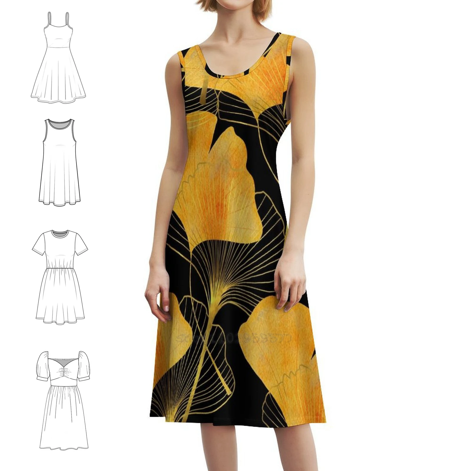 

Золотые листья гинкго с узором на черном фоне в консервативном стиле мини-платье для женщин трапециевидной формы свободного покроя повседневное дневное платье с листьями гинкго