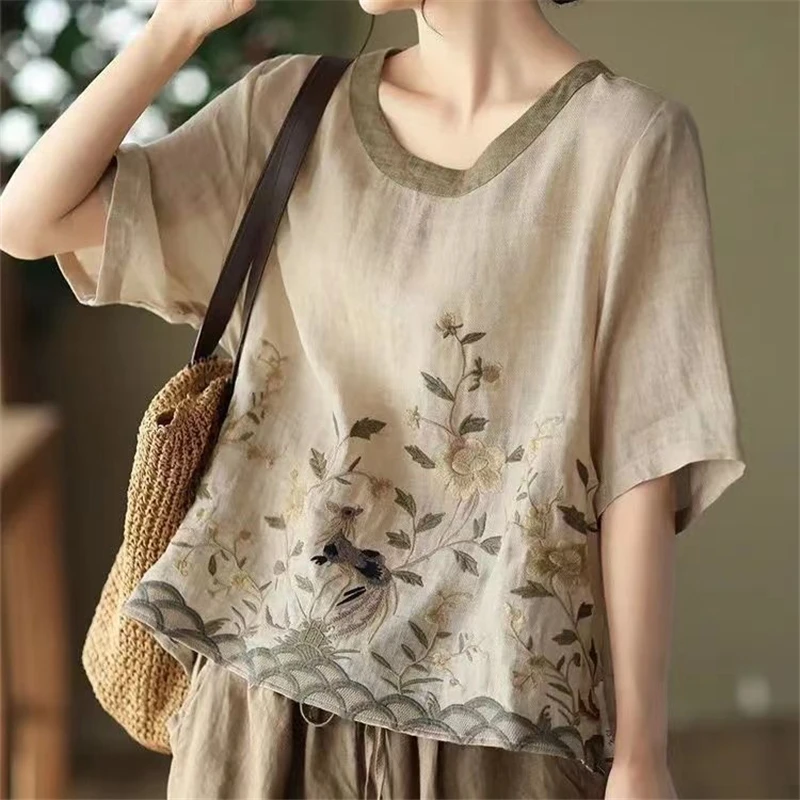 Women Vintage Clothes Flower Embroidery Cotton Linen Blouses Summer Simple Casual Round Neck Short Sleeve Shirts Chic Loose Tops