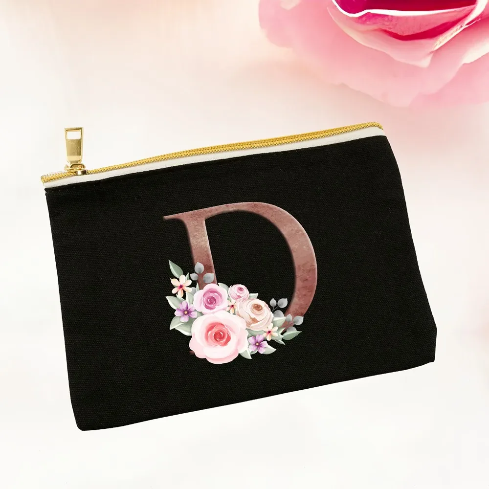 Gepersonaliseerde Make-Up Tas Alfabet Bloemen Cosmetische Case Vrijgezellenfeest Toilettas Lady Beauty Organizer Huwelijksgeschenk