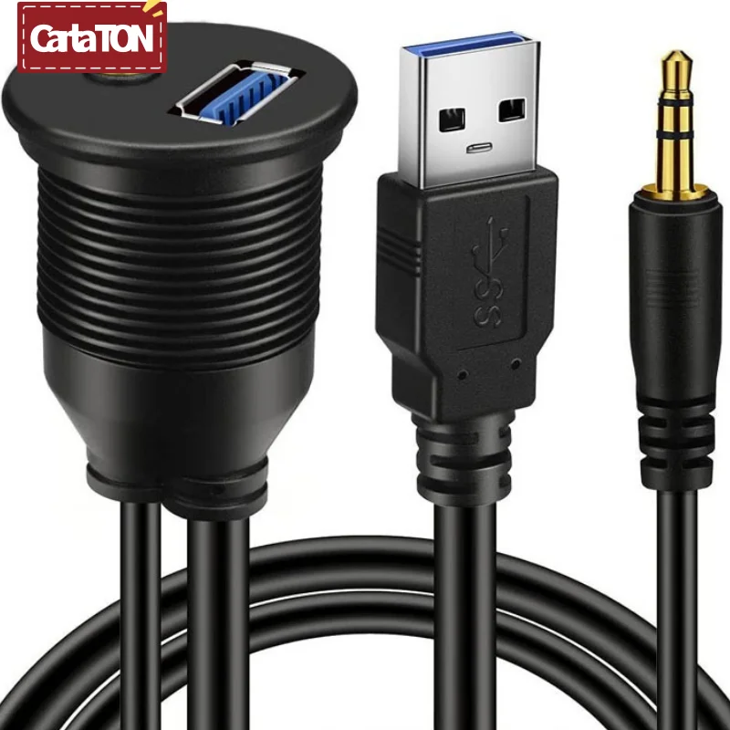 1M 3ft USB 3.0 & 3.5mm AUX Extension Mount Dash Mount Flush Mount Panel Cable for Car Boat Motorcycle Waterproof Cord