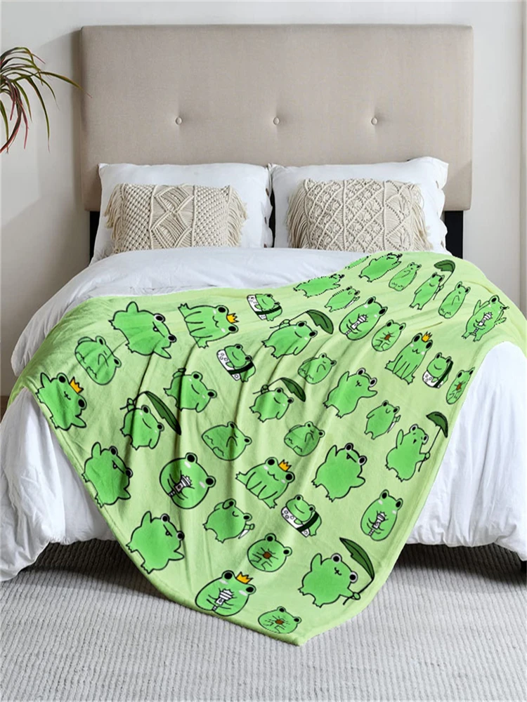 1개의 녹색 개구리 테마 플란넬 담요, 부드럽고 소파, 침대, 사무실, 사계절 사용에 적합합니다.