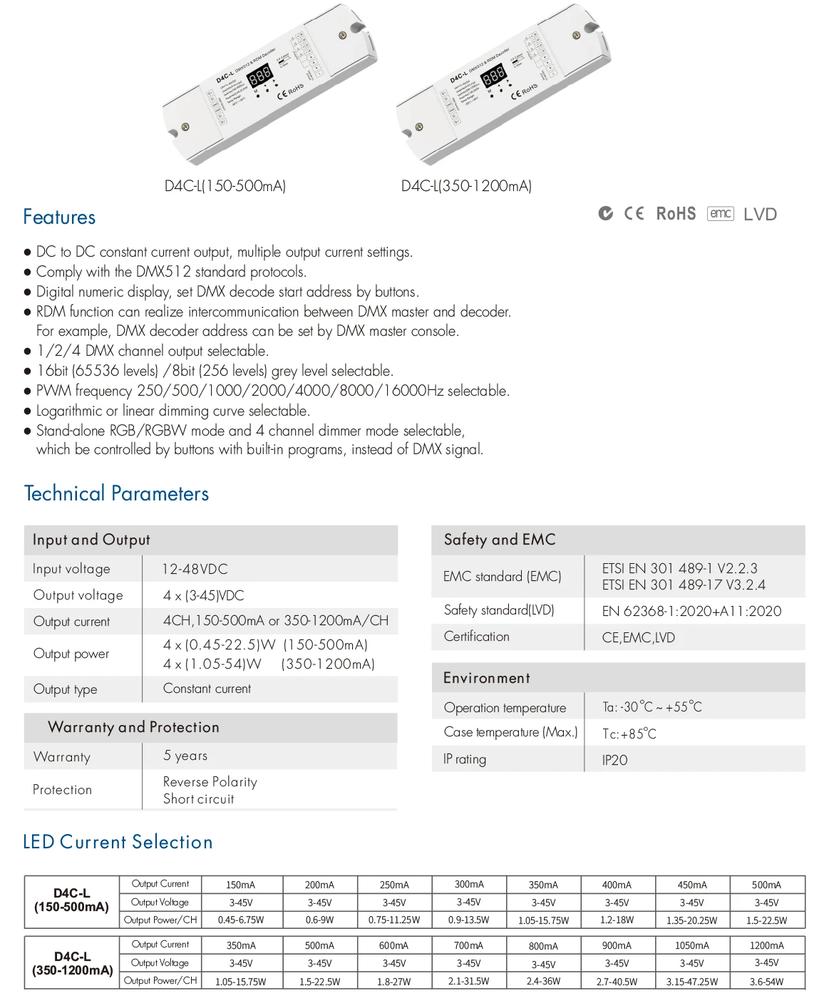 12-48VDC DMX512 RDM Decoder 150-500MA o 350-1200MA Controller LED D4C-L 4 canali PWM a corrente costante per RGB RGBW LED Light