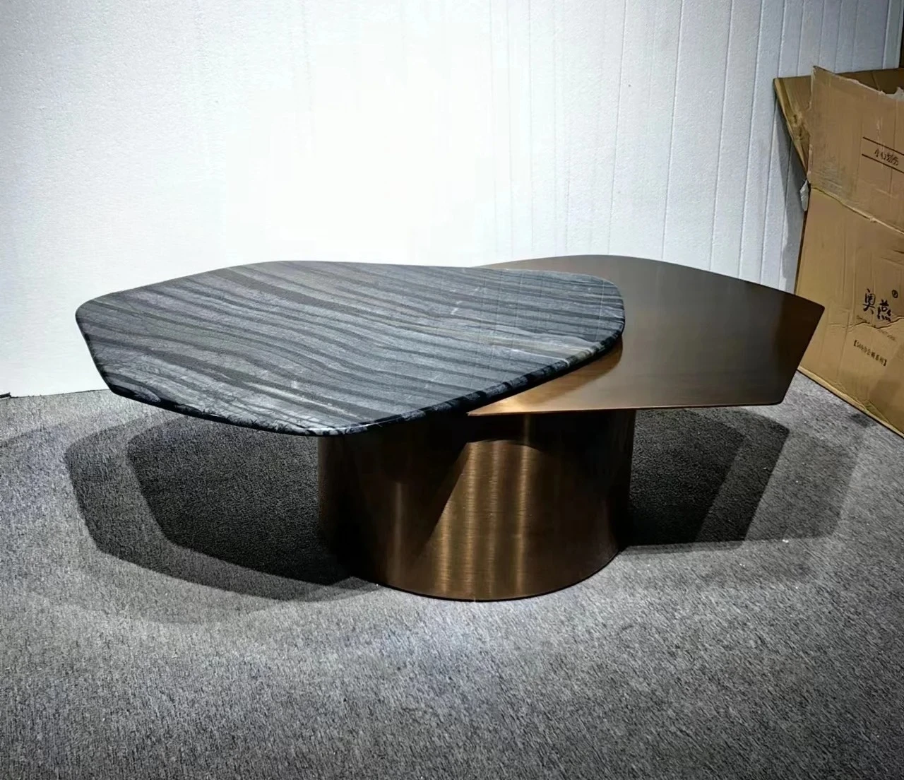 

*#g for Bronze Stainless Steel Coffee Table with Revolving Natural Marble Top Gold Metal Marble Combination Center Table*