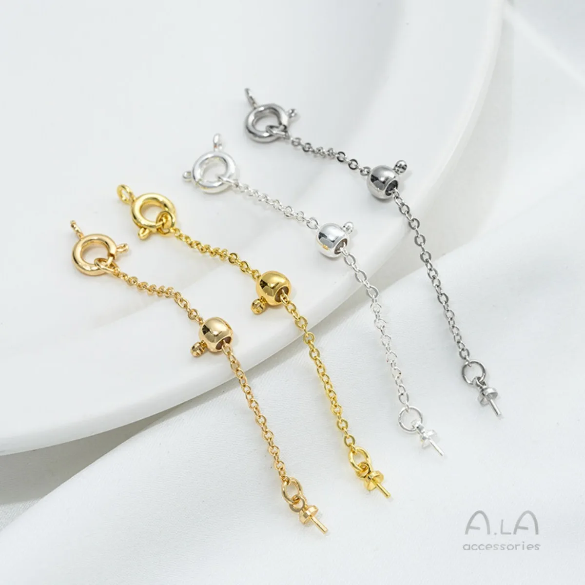 14K Gold Plated Adjustable Tail Chain With Bead Setting & Spring Clasp, Extension Chain For Pearl Necklace, DIY Jewelry Findings