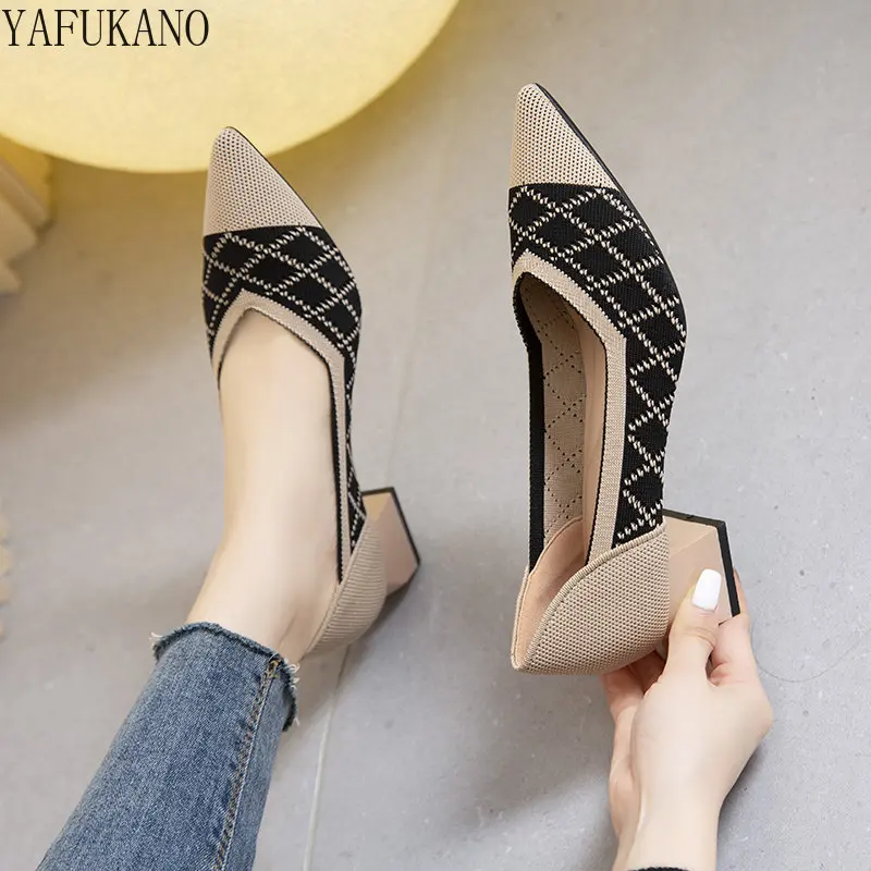 Fashion Stretch Fly Weaving Fabric Two Tone High Heels Square Mid Heel Single Shoes Female Pointed Comfort Office Work Shoes