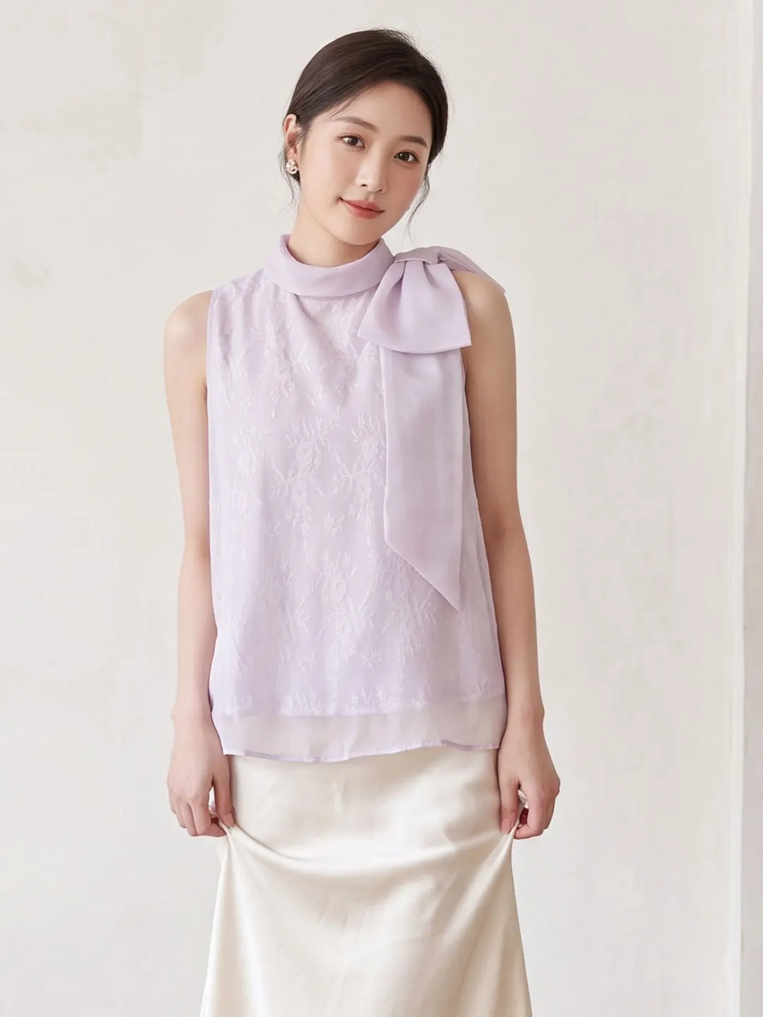 Summer Casual Style Women's Sleeveless Neck Hanging Vest Big  Knot Light Purple Slimming Top White Enhancing Side Tie