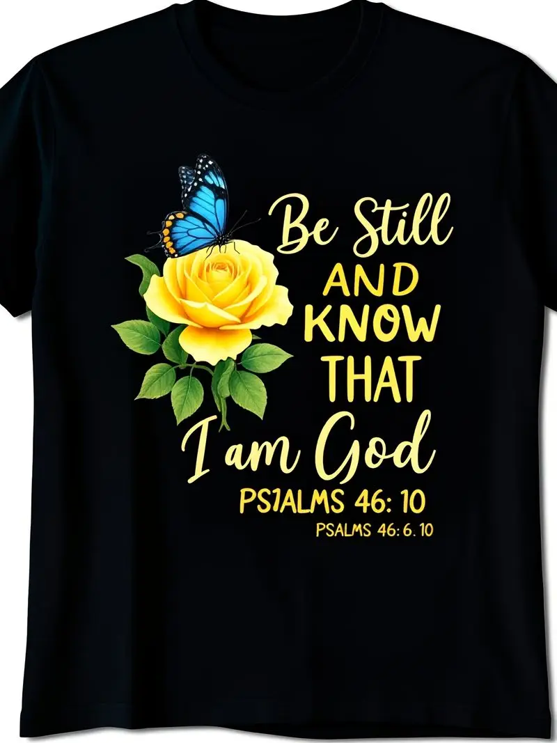 Inspirational Yellow Rose Blue Butterfly Design Soft Loose Fit Christian Unisex Machine Washable Retro Crew Neck Printed T-Shirt
