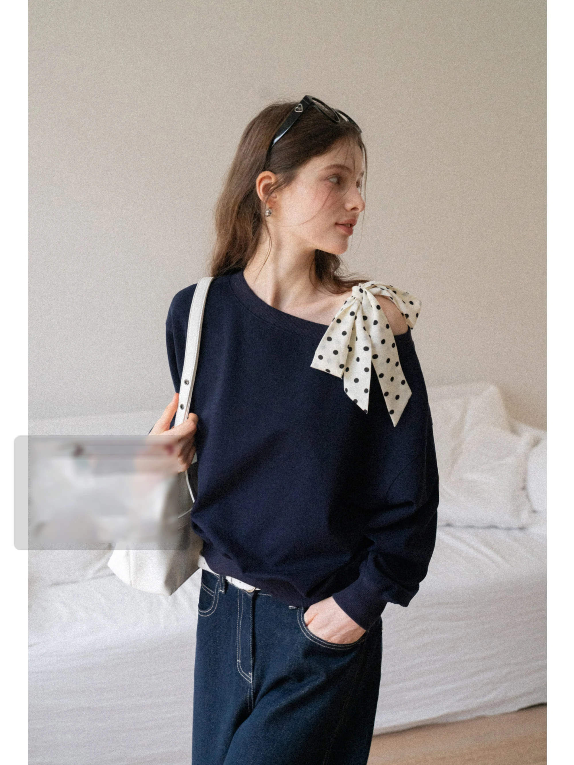 

Loose Blue oulder Bared Sweatirt Women's Sle Small Size Autumn Faion Splicing Belted Casual Long Sve Hoodie