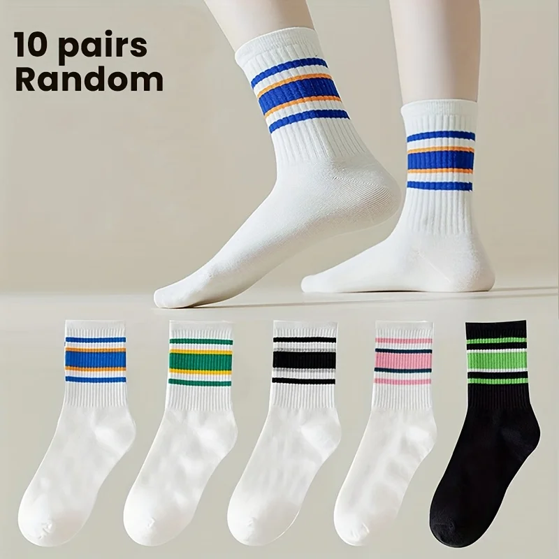 

10Pairs Women's Mid-Crew Socks, Striped & Solid Knitted Sports Socks, Warm Winter Socks for Daily Wear