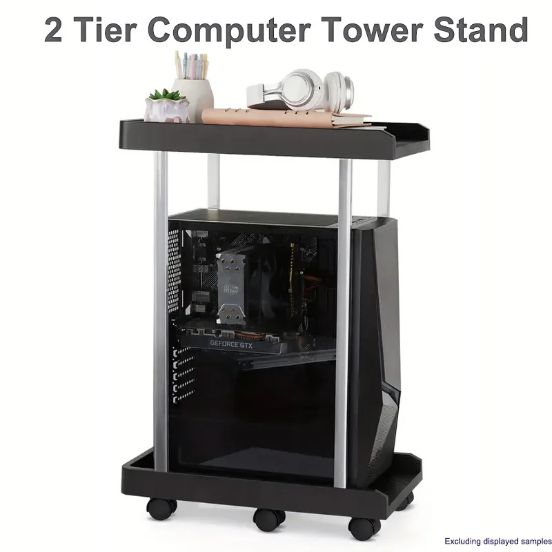 قاعدة متنقلة لبرج الكمبيوتر مكونة من طبقتين مع عجلات دوارة للتخزين وحقيبة زيادة ودعامة حامل وحدة المعالجة المركزية للكمبيوتر الشخصي