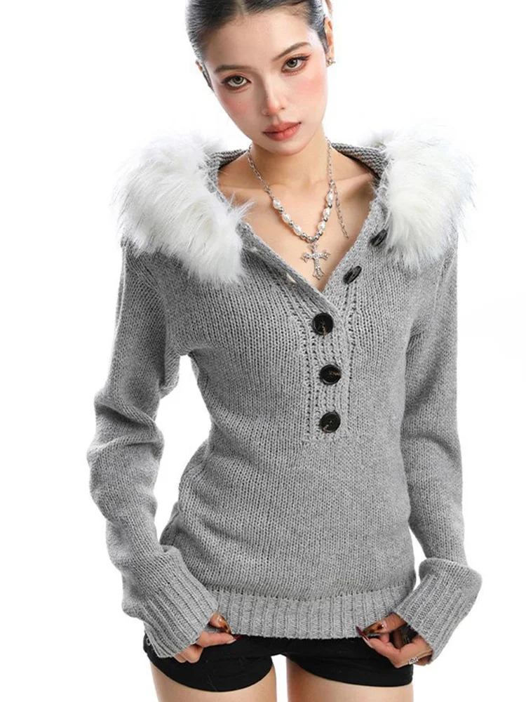 

Harajuku Fur Collar Gray Sweater Women Slim Vintage Streetwear Knitted Jumper American Fall Long Sleeve Hip Hop Pullover Tops