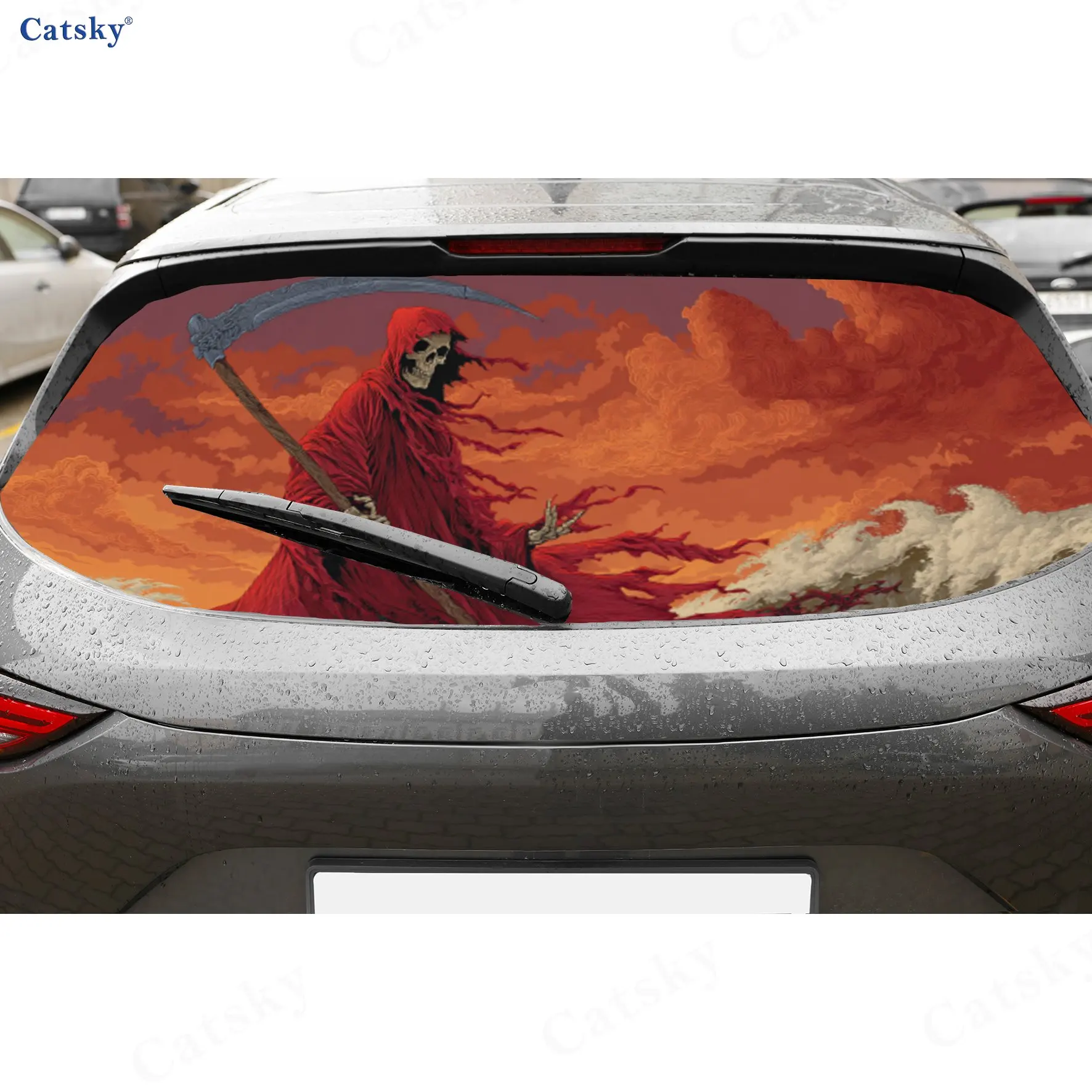 

Огненно-красный жнец Mystic Thrill ПВХ перфорированные автомобильные виниловые обертывания, прочная наклейка на заднее лобовое стекло автомобиля, водонепроницаемая на заднее окно автомобиля D