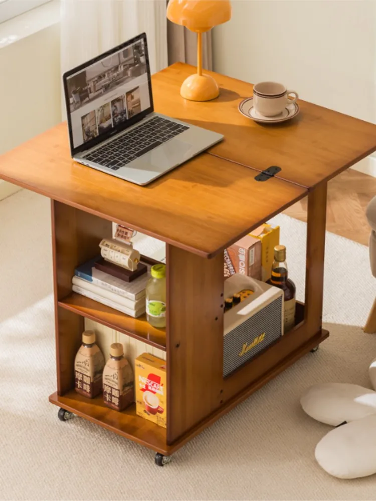 Movable Side Table Coffee Table Medieval Small Table Sofa Side Cabinet Small Household Folding Cart Living Room Shelf Solid Wood