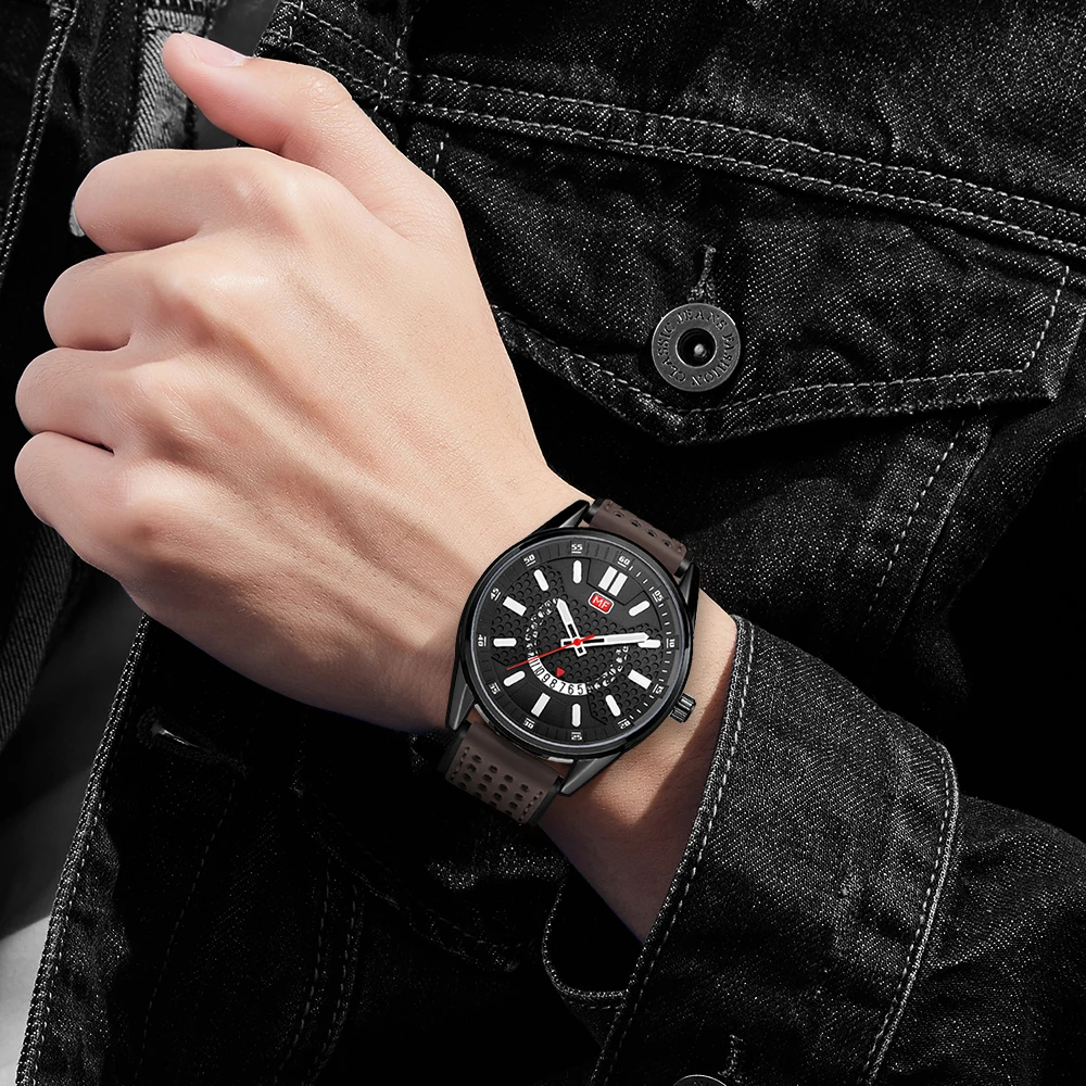 MINI FOCUS Men Wristwatch Fashion Black Waterproof Automatic Quartz Watch with Luminous Hands Silicone Strap Tonneau Dial