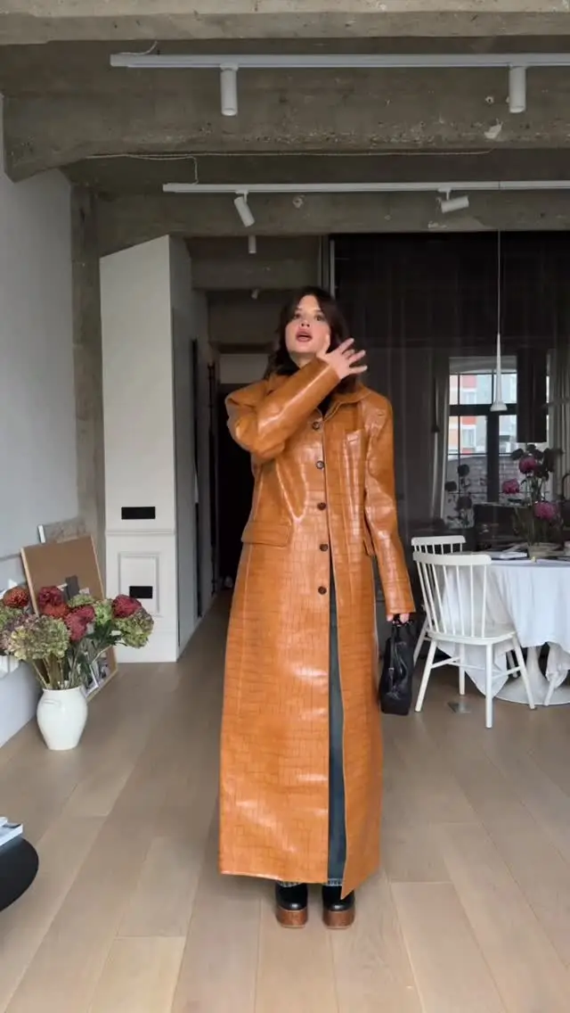 Solid Croc Embossed Faux Leather Long Trench Coat Lapel Single Breasted Straight Long Front Pockets Women Vintage Autumn Winter