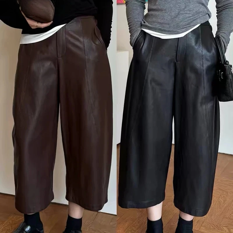Fashion Leather Cropped Pants for Women Sheepskin Wide-leg Carrot Pants Casual Harem Trousers Black Coffee Ankle Pantalon Femme