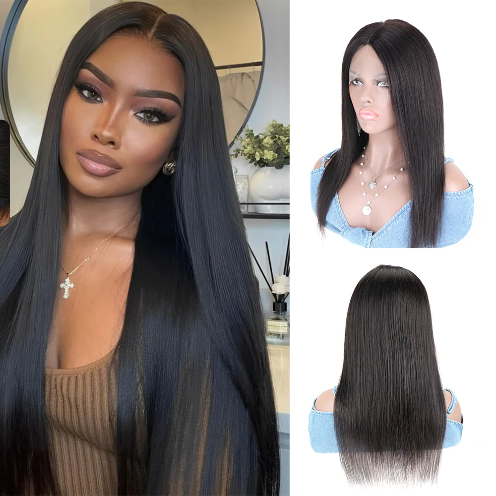 

Straight Glueless Long Human Hair Wig Virgin Brazilian Straight Raw Hair Lace Frontal Wig for Women with Baby Hair 180% Density