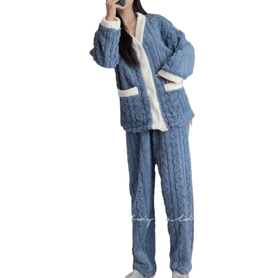 Autumn and Winter Coral Velvet Pajamas Homewear Suit Female Padded Thickened Loose Korean Version of the Student Pajamas Homewea