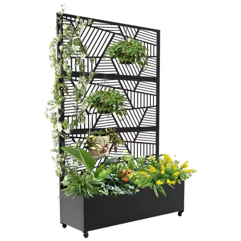Customize Modern Black Outdoor Privacy Screen with Planter Box Metal Garden Trellis for Home Use Climbing Plants & Vegetables