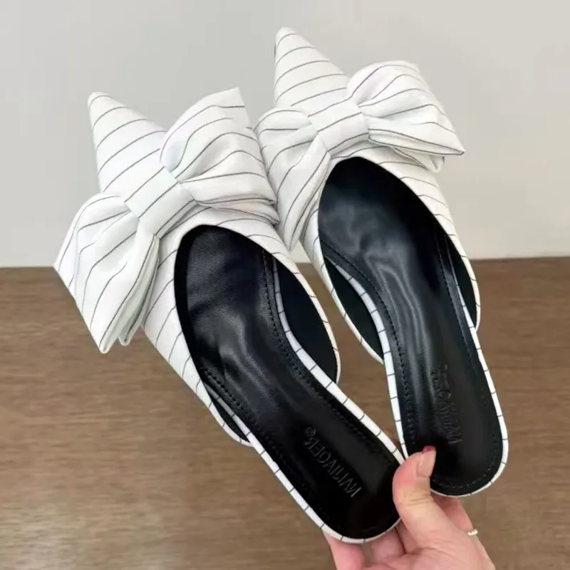 

Модные удобные тапочки на плоской подошве с большим бантом, сандалии для женщин, пикантные модельные туфли с острым носком и открытой спиной, элегантные вечерние туфли-мюли