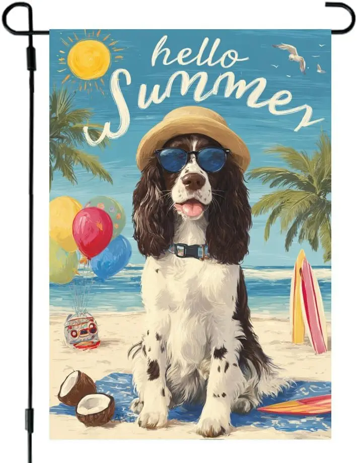 Hello Summer Garden Flag English Springer Spaniel Tropical Beach Flag 12x18 Inch Double Sided Yard Small Flag For Outside Ho yyi