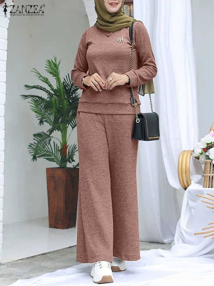 Women Muslim Matching Sets ZANZEA 2pcs Fashion Long Sleeve O Neck Tops Wide Leg Pant Sets Spring  Tracksuits Casual Suits