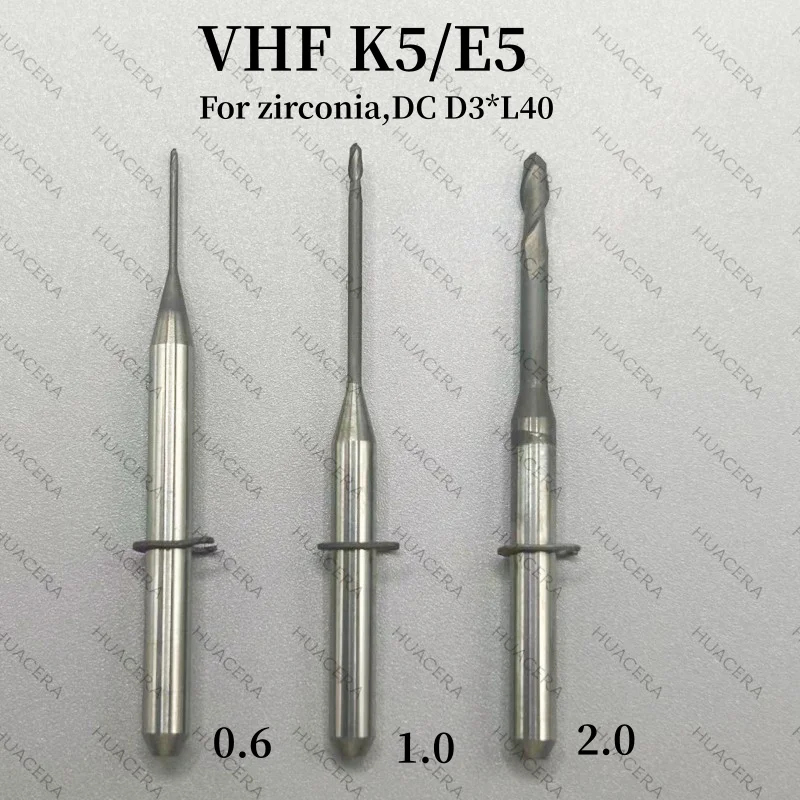 

VHF K5 E5 Циркониевый блок D3 Покрытие постоянного тока CADCAM PMMA PEEK Шлифовальный инструмент Фрезерный станок 2,0 1,0 0,6 0,3 мм Фрезерные боры