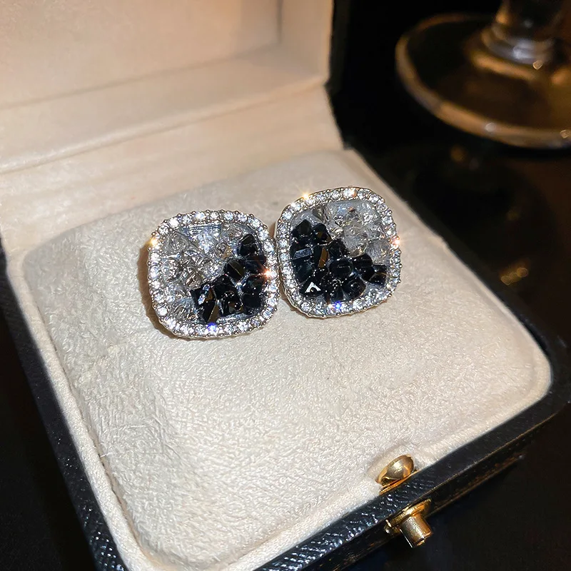 Light luxury contrasting color artificial crystal diamond-encrusted square silver needle earrings niche high-end temperament