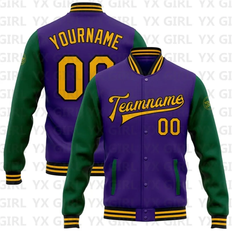 Custom Purple Gold-Kelly Green Bomber Full-Snap Varsity Letterman Two Tone Jacket 3D Baseball Button Jacket