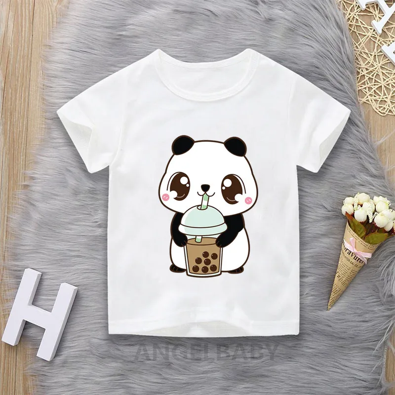 Cute CatLike Milk Tea Print Boys T shirt Funny Panda Dog Animals Kids Clothes Baby Girls Summer Children Short Sleeve T-shirts