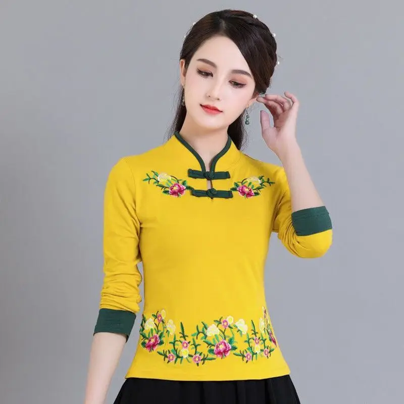 Cheongsam Women's Plus Size Tops 2024 New Cotton Blend Fabric Embroidery Splicing Stand Collar Chinese Style Qipao Shirts Woman